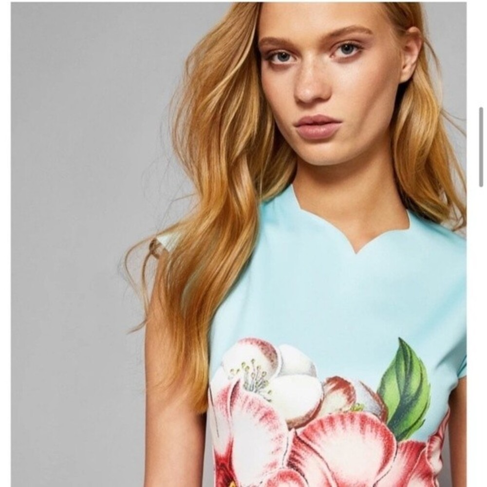 Ted Baker Aqua Bodice White Floral Midi Dress with Pink Flowers - Picture 4 of 12